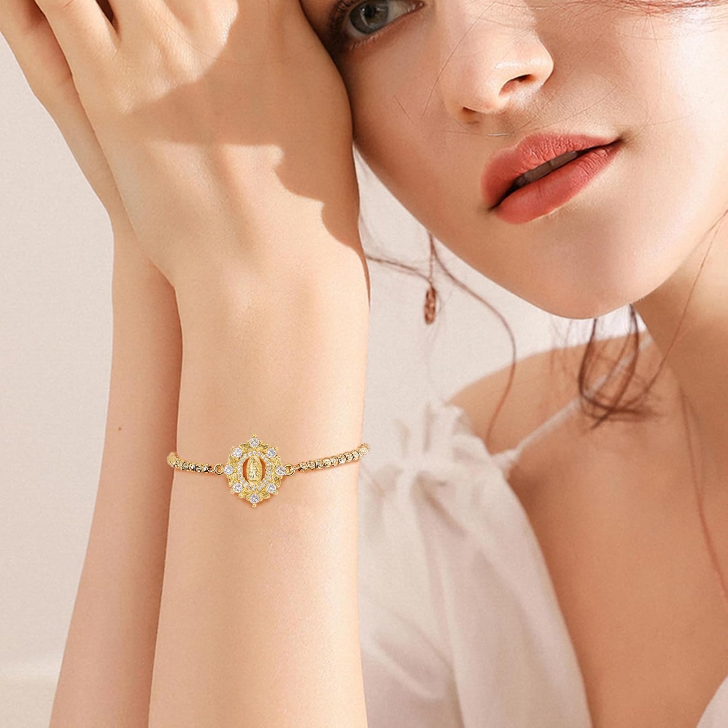 Virgen De Guadalupe Bracelet - Our Lady of Guadalupe Bracelet, Rosary Virgin Mary Bracelets Copper Plated with Real Gold Adjustable Link Jewelry Gift for Men Women - Image 6