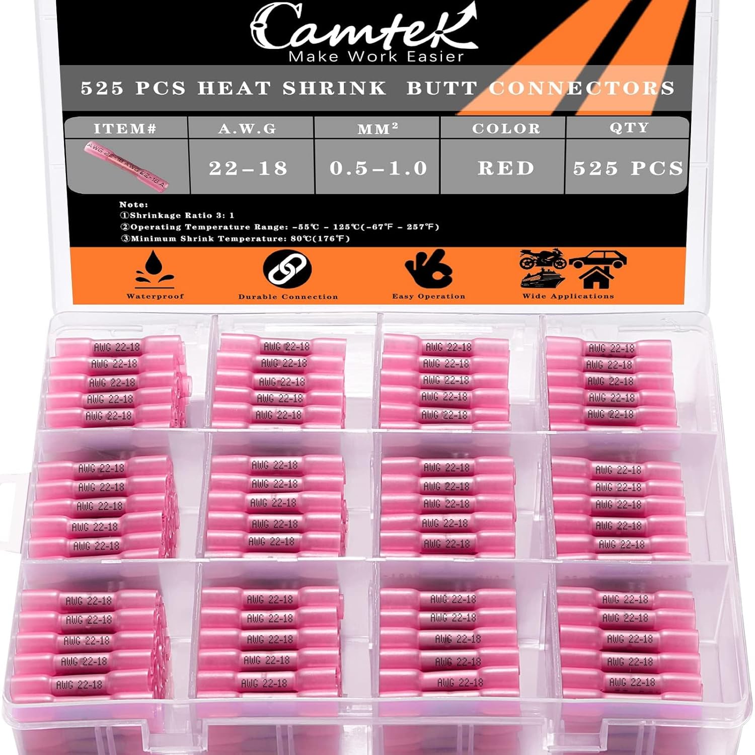 525PCS Electrical Connectors Kit Red 22-18 AWG, Insulated Waterproof Heat Shrink Wire Connectors Kit Marine Grade Tinned Red Waterproof Wire connectorsTerminals for Marine,Truck,Stereo