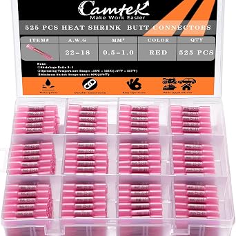 525PCS Electrical Connectors Kit Red 22-18 AWG, Insulated Waterproof Heat Shrink Wire Connectors Kit Marine Grade Tinned Red Waterproof Wire connectorsTerminals for Marine,Truck,Stereo