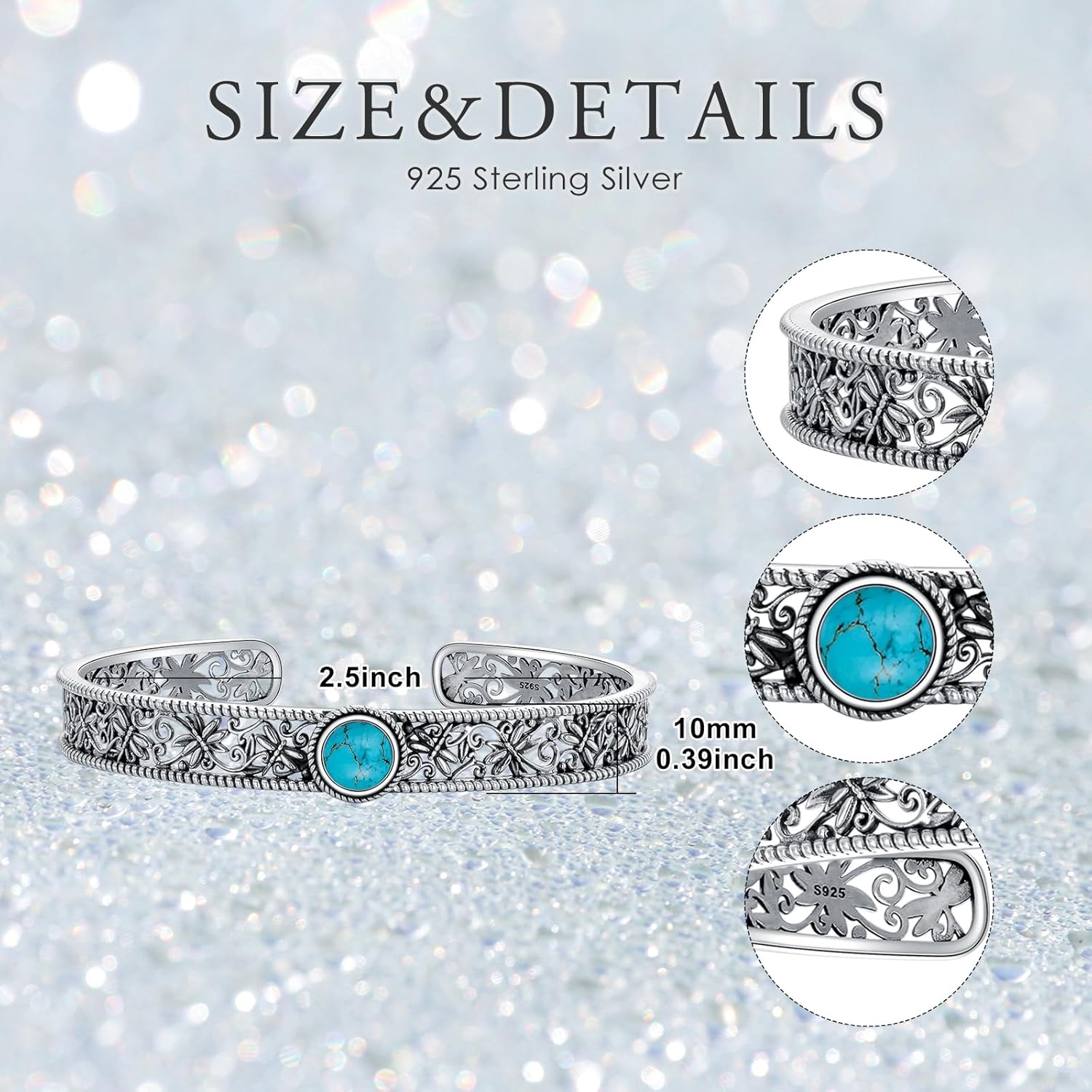 Vintage Dragonfly Filigree Cuff Bracelet, 925 Sterling Silver Adjustable Natural Gemstone Bangle, Boho Insect Jewelry Gift for Women