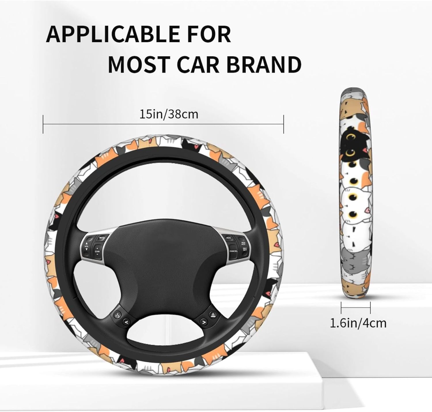 Cute Cat License Plate Frame & Cat Steering Wheel Cover Fashion Aluminum License Plate Covers Anti-Slip Breathable Steering Wheels Protector with Screws Fasteners Caps for Men Women, 3PCS