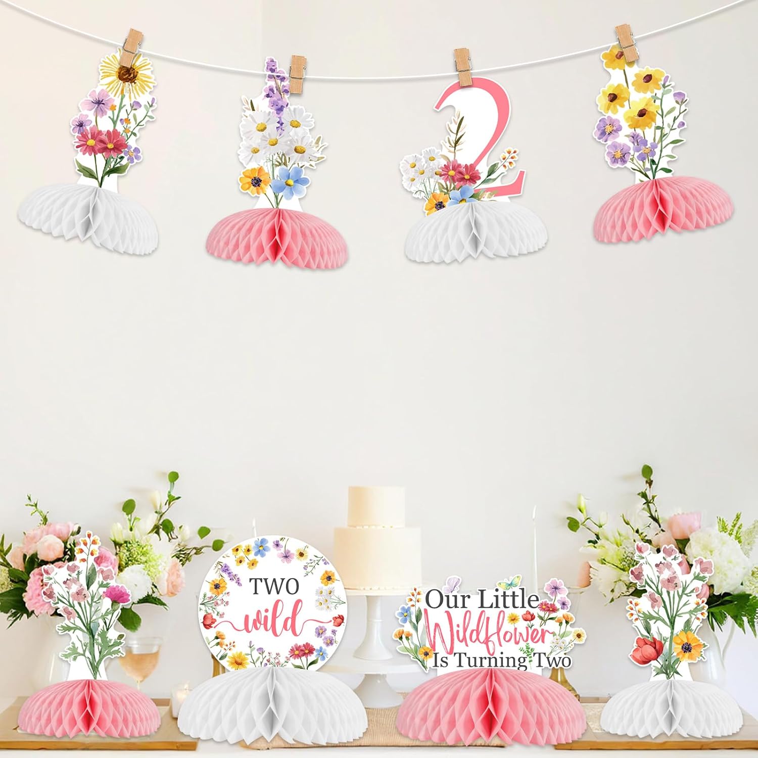 JOYMEMO 8 Pieces Wildflower 2nd Birthday Honeycomb Centerpieces Girl - Flowers Two Wild Second Birthday Table Decorations, Our Little Wildflower Is Turning Two Table Toppers Garden Birthday Party