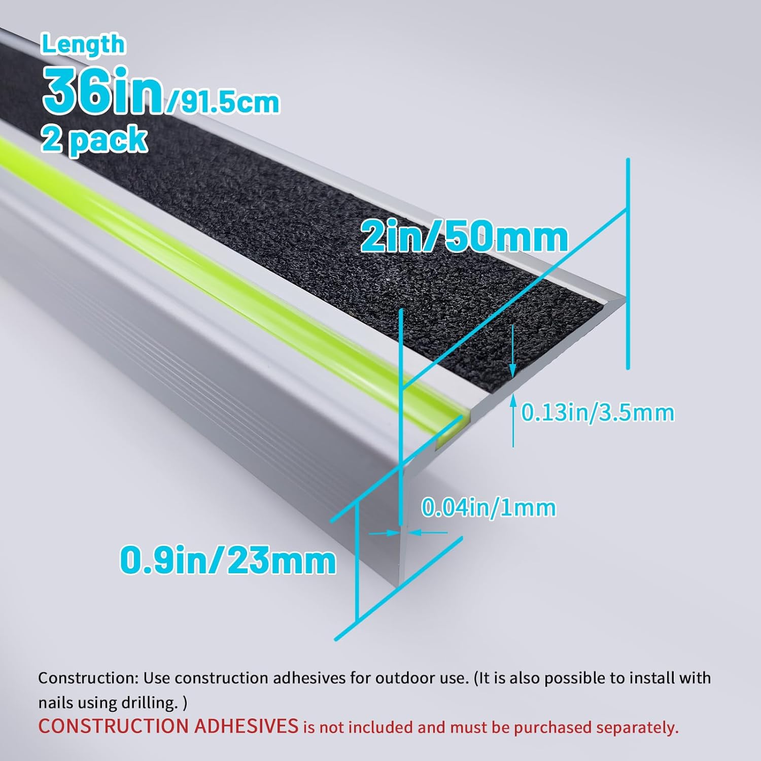 2 Pack 36 in L Shaped Stair Nosing with Green Glow Strip, Outdoor Aluminum Stair Edge Protector, Long Stair Edging Stair Trim, Anti Slip Traction Steps Treads Plate Help Elderly, Kids Walk