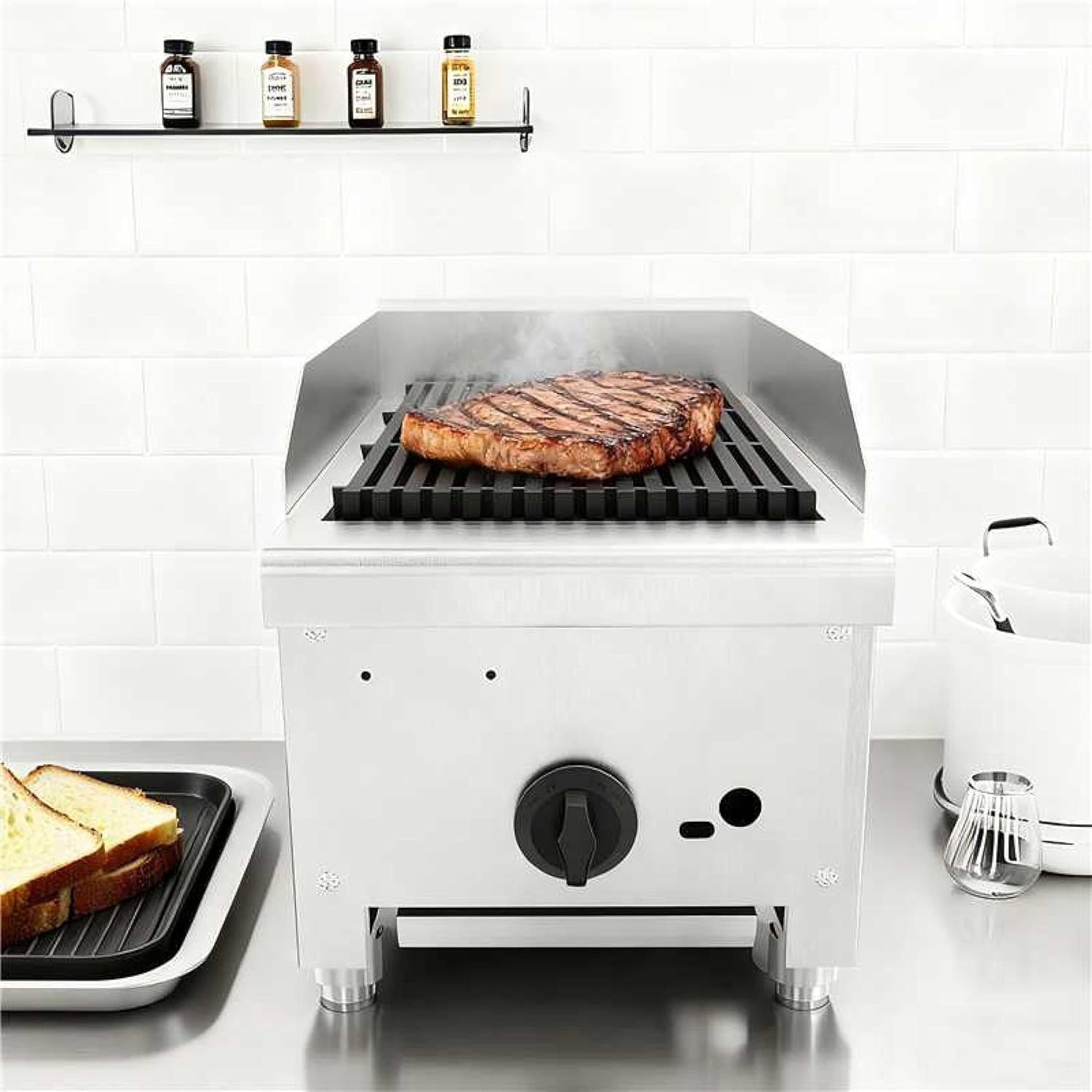 Commercial Lava Rock Charbroiler Countertop Stainless Steel Grill Broiler Single Burner 28000 BTU Convertible NG LP Cast Iron Grates Restaurant BBQ Cooker for Meat Seafood Vegetable Steak Kitchen