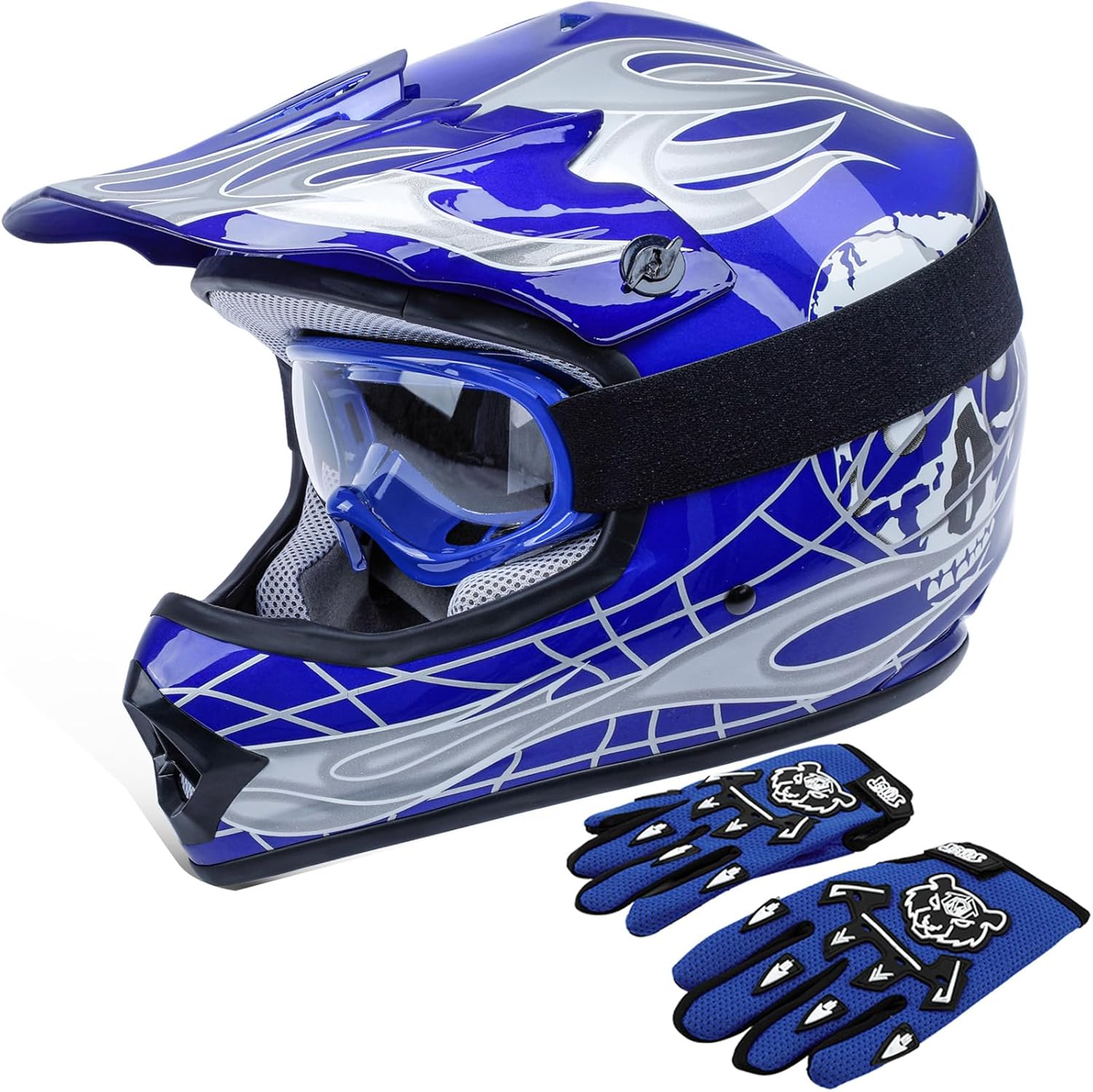 TCT-MOTORPARTS DOT Kids Youth Motocross Helmets ATV Off-Road Dirt Bike Motorcycle Full Face Blue Skull Helmet+Gloves+Goggles Small