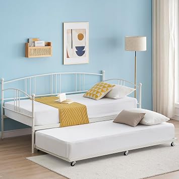 coucheta Twin Daybed with Trundle, Metal Sofa Bed Frame Roll Out Foundation with Headboard Steel Slat Support for Living Room, Bedroom and Guest Room, Easy Assembly, White