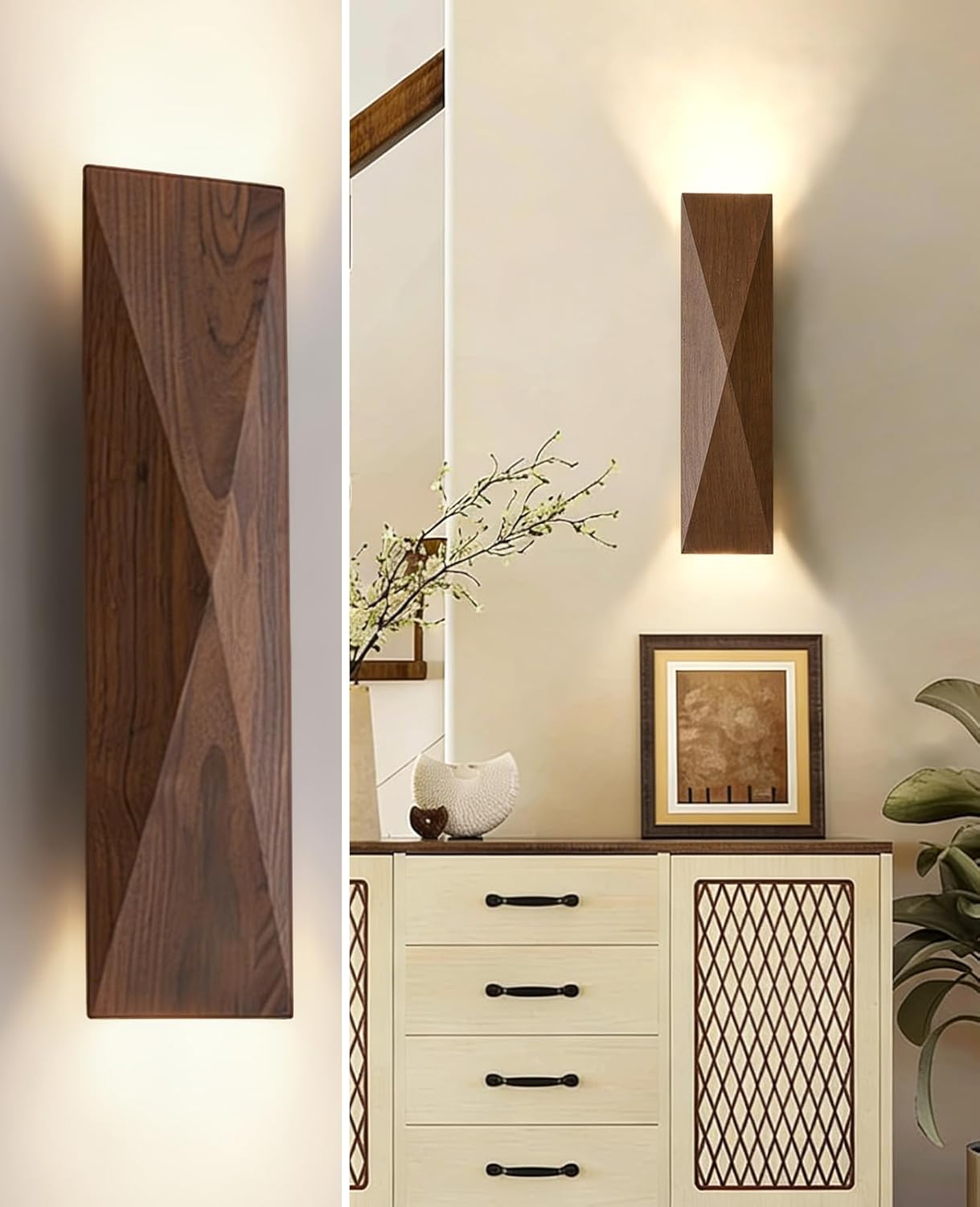 Walnut Wood Wall Sconce, 15.7 Inch Wabi Sabi Wall Light Fixture with Rectangle Natural Wood Lampshade, Japanese Style Mid Century Modern Wall Sconces for Bedside Bedroom Living Room Kitchen