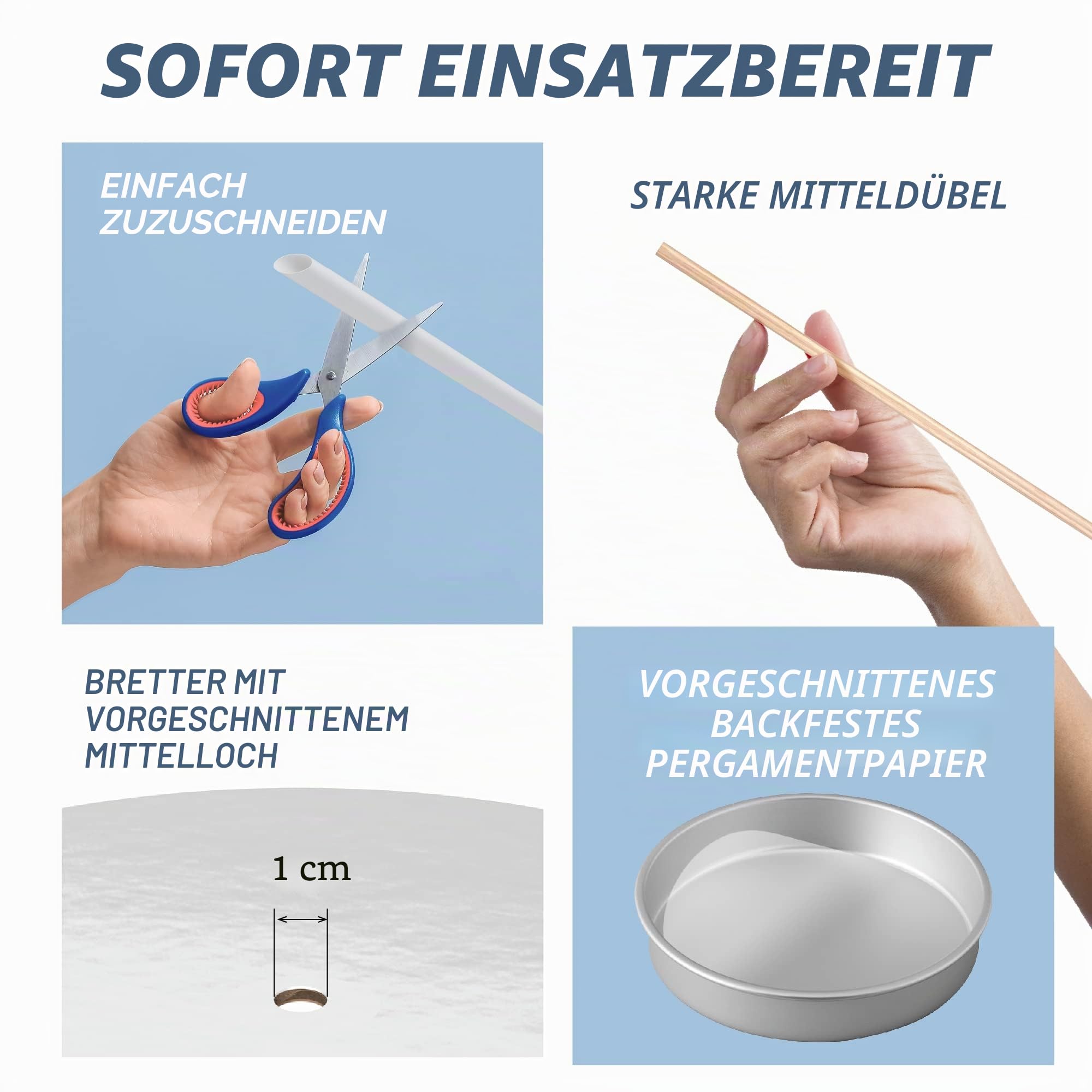 BLUSHORE Cake Boards Tiering Kit – Cake Board 25,4 cm, 20,3 cm und 15,2 cm (je 5 Stück) Pergamentpapier, Holzdübel und Strohdübel – Papp-Kuchenrunden, Stapelset [130 Stück]