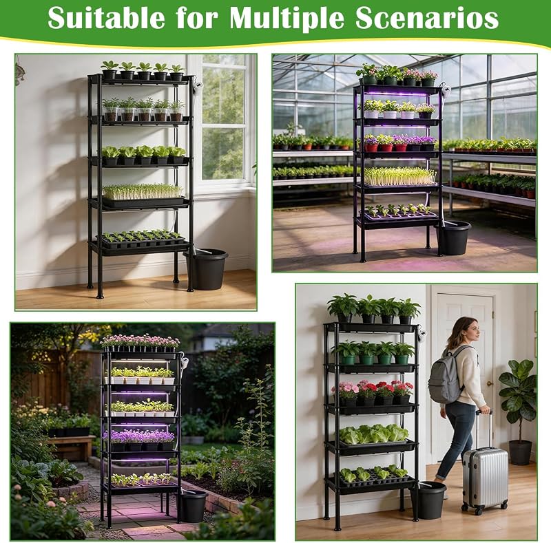 5-Tier Ebb & Flow Hydroponic Plant Stand Bundle with Timer Auto Watering Pump, Siphon Circulation Self Irrigation Growing System for Seed Starter Trays & Potted Plants Indoor Balcony Greenhouse