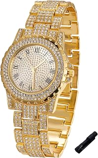 Halukakah 다이아몬드 골드 시계 아이스 아웃 남아 청소년 아동용 - 18K 리얼 골드/플래티넘 도금, 39mm 라운드 다이얼, 일본 쿼츠 - 19.1cm(7.5인치) 길이 - 쿠바 링크 체인 옵션 - 생일, 파티용
