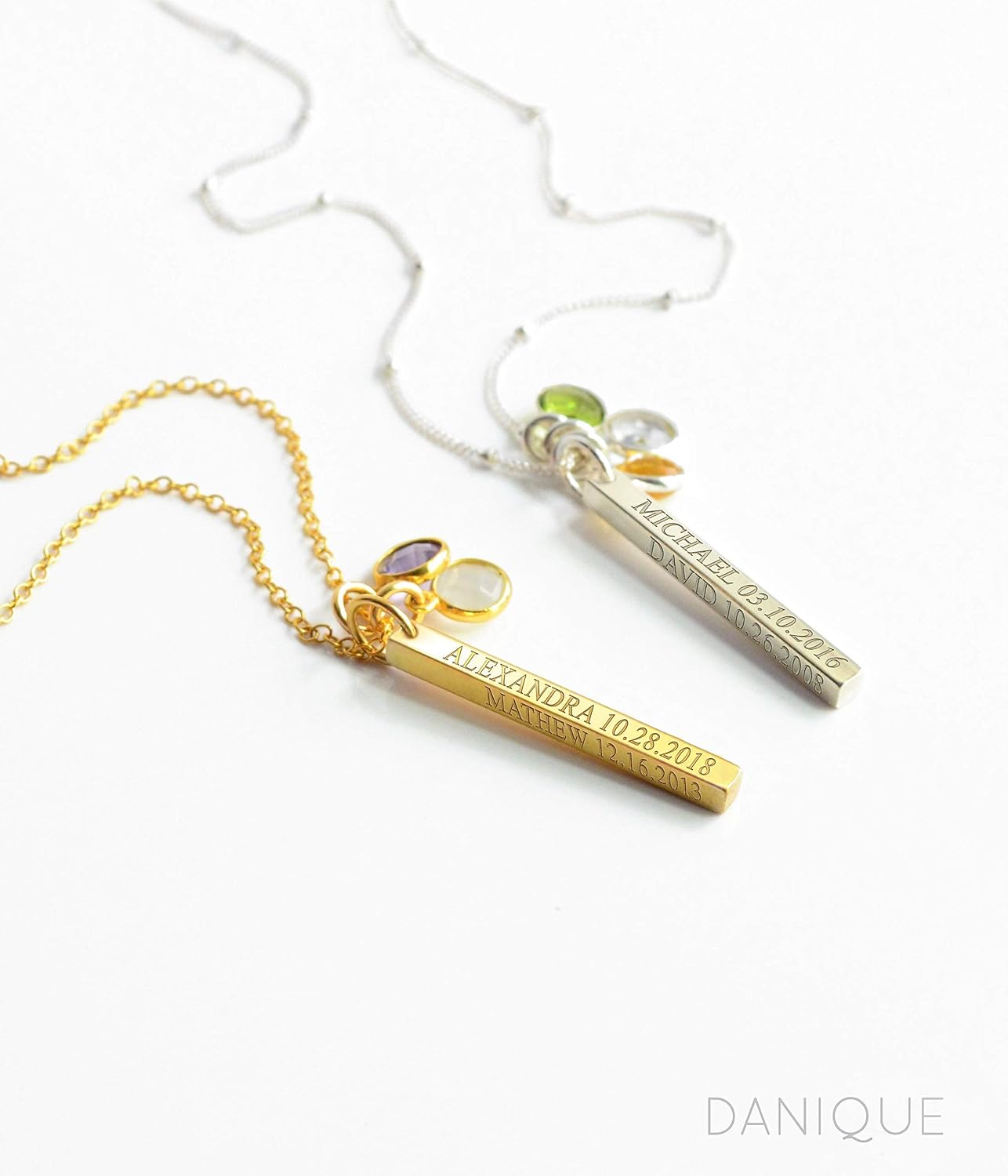 Engraved 3D Bar Necklace with Birthstone • Custom Sterling Silver or Gold Vermeil Pendant • Necklace with Names, Dates, or Initials • Dainty 4 Sided Vertical Bar Necklace • Mother's Day for Women