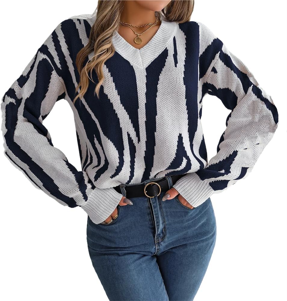 ChenKongHai Casual Loose Irregular Stripe Knit Sweater Pullover Autumn/Winter Women' O-Neck Sleeve