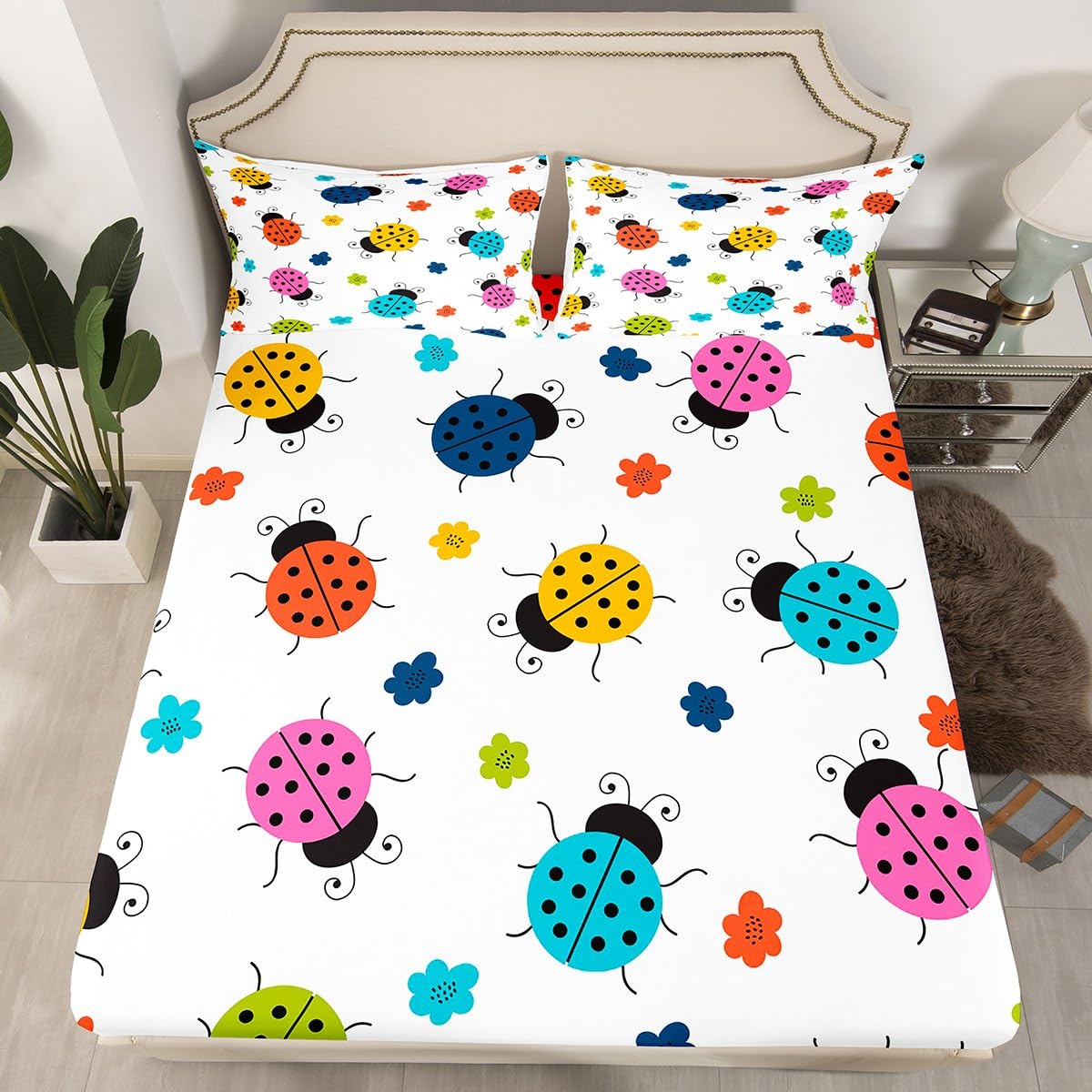 Castle Fairy Set di biancheria da letto per bambini e ragazzi, motivo coccinella, motivo floreale ad acquerello e animali, lenzuolo con angoli, decorazione entomologica, 2 pezzi, 1 copripiumino e 1