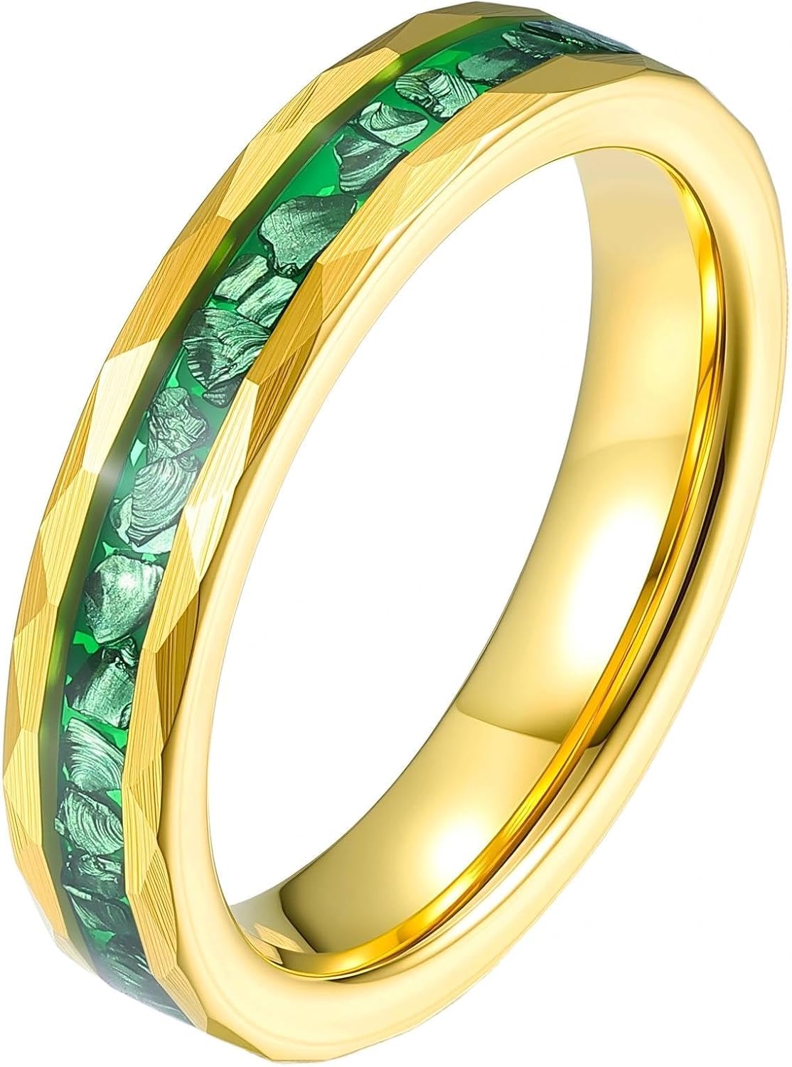 4mm Tungsten Wedding Bands for Women 14K Gold Plated Tungsten Carbide Ring with Synthetic Emerald Inlaid Promise Engagement Rings for Her Hammered Edges Comfort Fit Size 5-10