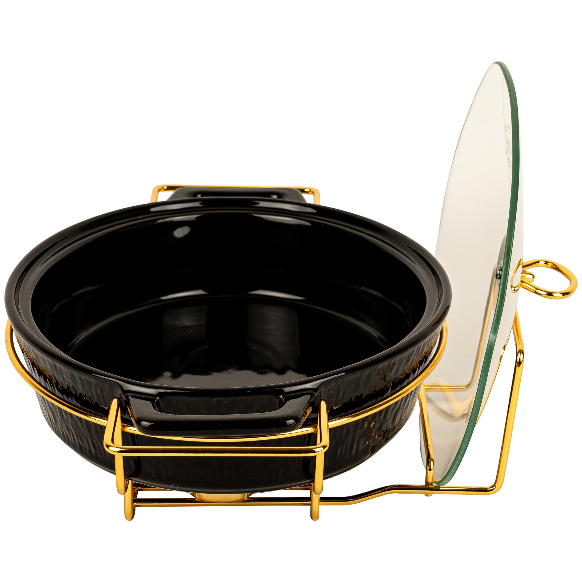 Auflaufform Keramik mit Deckel - 2.5L - Lasagne Oval Form Groß - Schwarz Auflaufformen mit Ständer Tealight - Ofenform - Backform - Lasagneform - Casserole Dish - Großkeramik