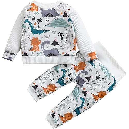 Infant Baby Boy Long Sleeve Clothes Set Tiger/Dinosaur Printed Sweatshirt and Pants 2Pcs Spring Fall Outfits