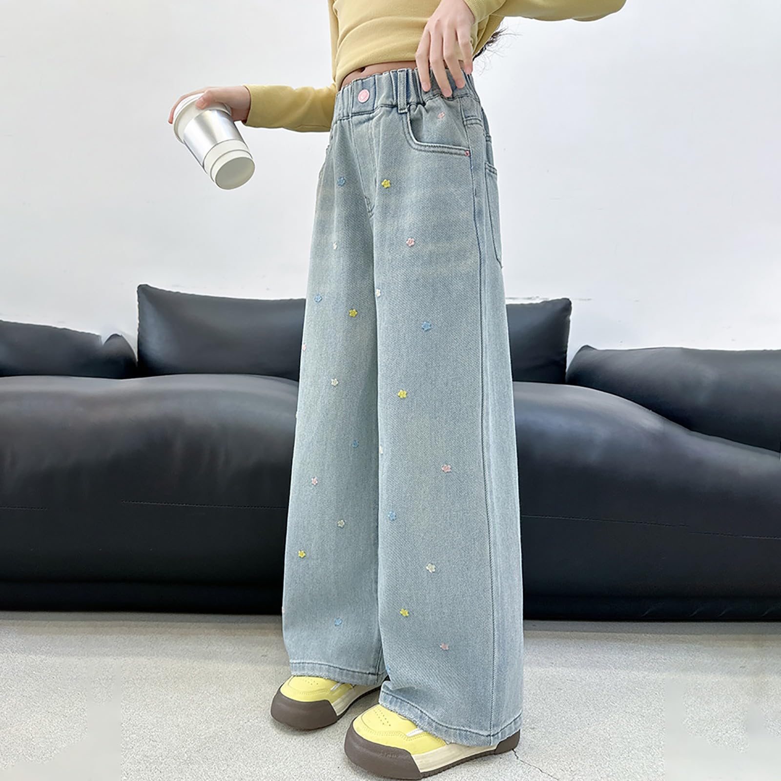 Pantalon de jogging baggy pour garçons et filles - Jean vieilli - Taille élastique - Baggy Denim - Pantalon large