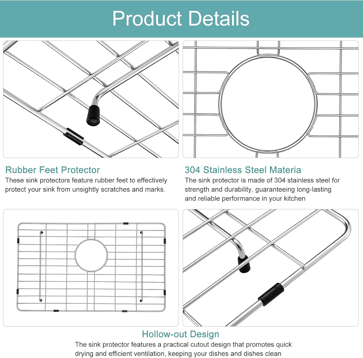 Stainless Kitchen Sink Protector - S304 Sink Grids for Bottom of Kitchen Sink, 23 x 18 with Rear Drain for Single Bowl Kitchen Sink with Corner Radius