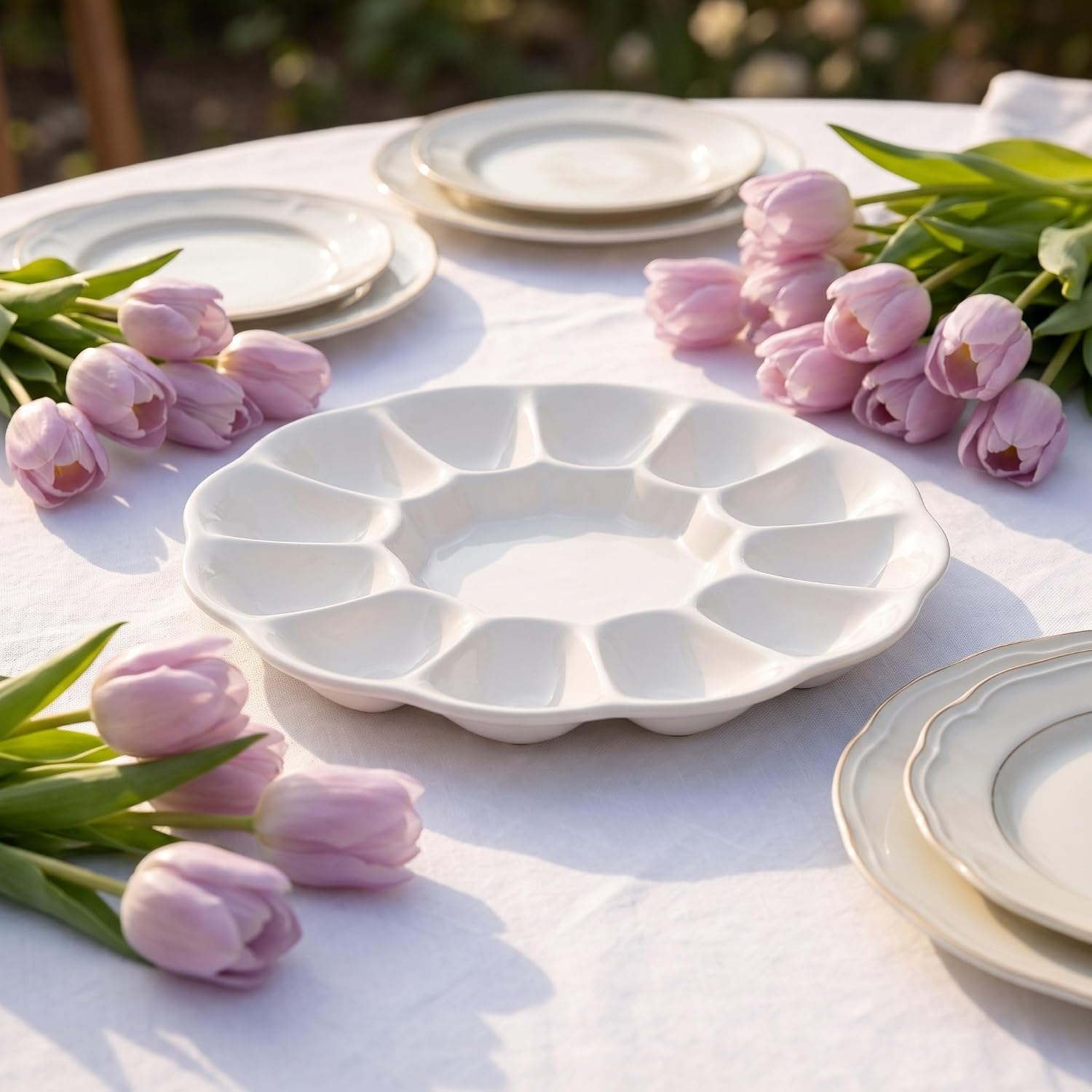 Ipetboom Ceramic Deviled Egg Tray/Platter, Egg Dish with 12 Compartments