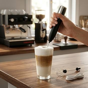 PRECORN Elektrischer Milchaufschäumer USB-C, Wiederaufladbarer Milchschäumer Stab für Kaffee, Latte Macchiato, Cappuccino, Matcha, Heiße Schokolade, Kaffeemixstab Edelstahl Milchschaum Maker Schwarz