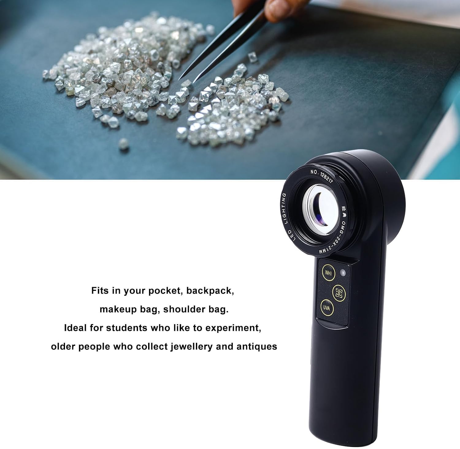 Portable Magnifier Light, Double Glass Ergonomic Handle LED Portable Magnifier Light Small Electric for Cosmetic Bag (20x)