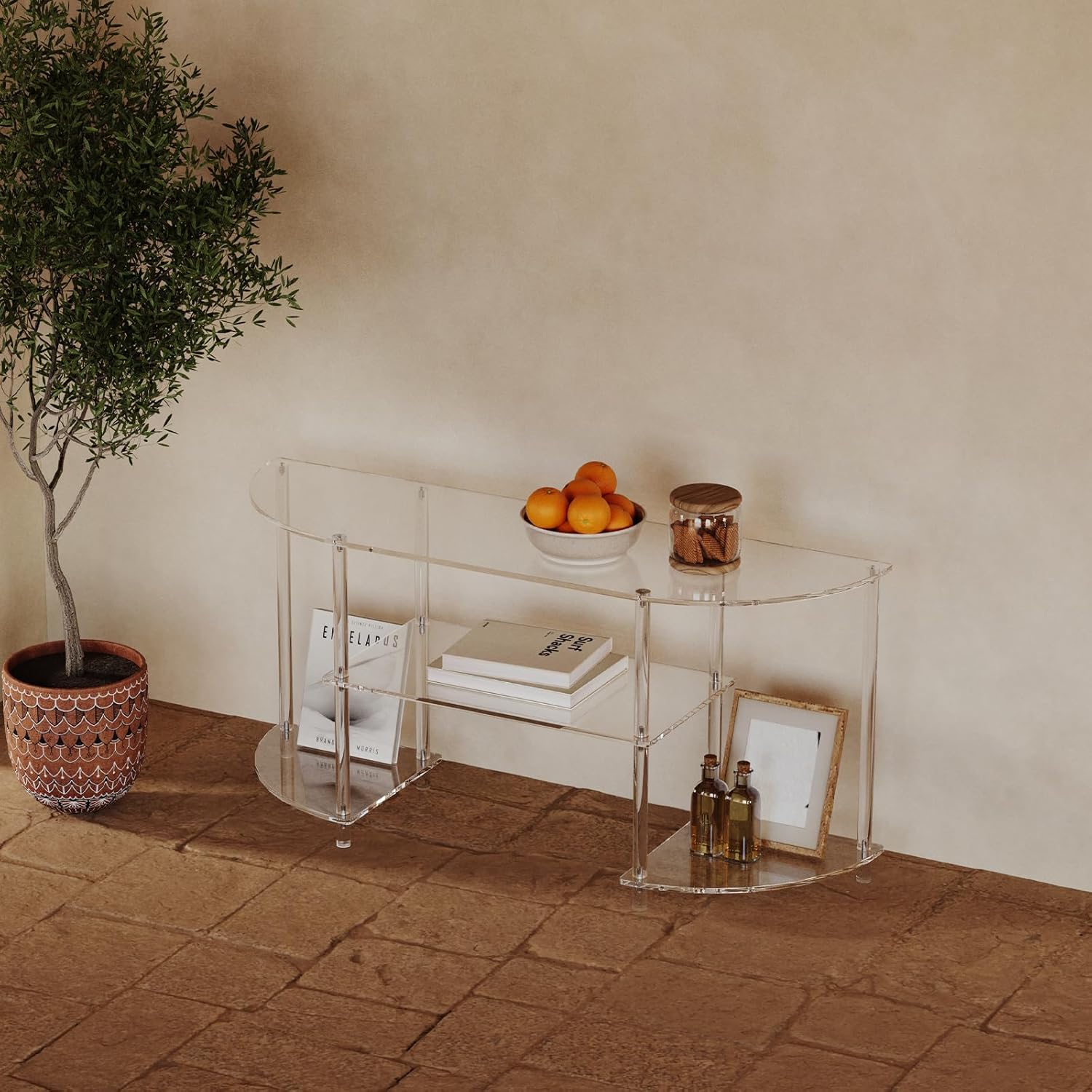 Eglaf Acrylic TV Stand - 3-Tier Semi-Circular TV Console Table - Corner TV Stand Entertainment Center with Open Shelves, TVs up to 50 Inch, 47.2'' L x 13.4'' W x 22.4'' H