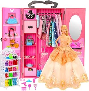 BARWA Fashion Closet Wardrobe 73 Pcs Doll Accessories 16 Pack Doll Clothes 1 Shoes Rack 55 Pcs Different Shoes Hanger Crown Necklace Doll Accessories Xmas Gift