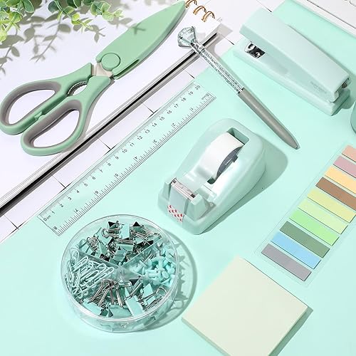 Miniatura 8 de Marspark Juego de 12 accesorios de escritorio de oficina verde salvia, soporte giratorio de 360, grapadora, dispensador de cinta, tijeras, notas