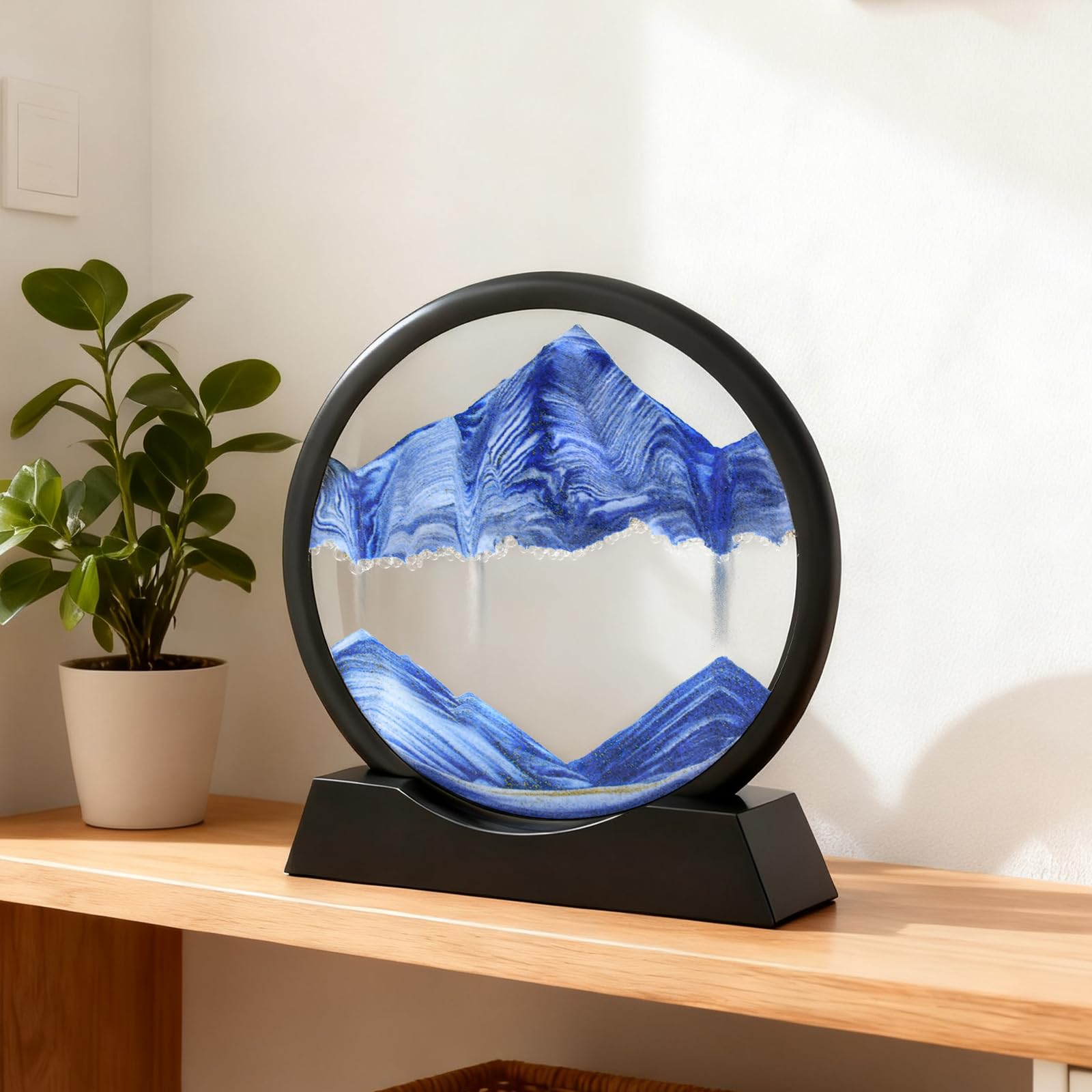 Wai Danie Moving Sand Art Picture 3D Hourglass Deep Sea Sandscape Liquid Motion Display Painting Flowing Sand Frame Relaxing Desktop Home Office Work Decor (Blue, 7 inches) 4