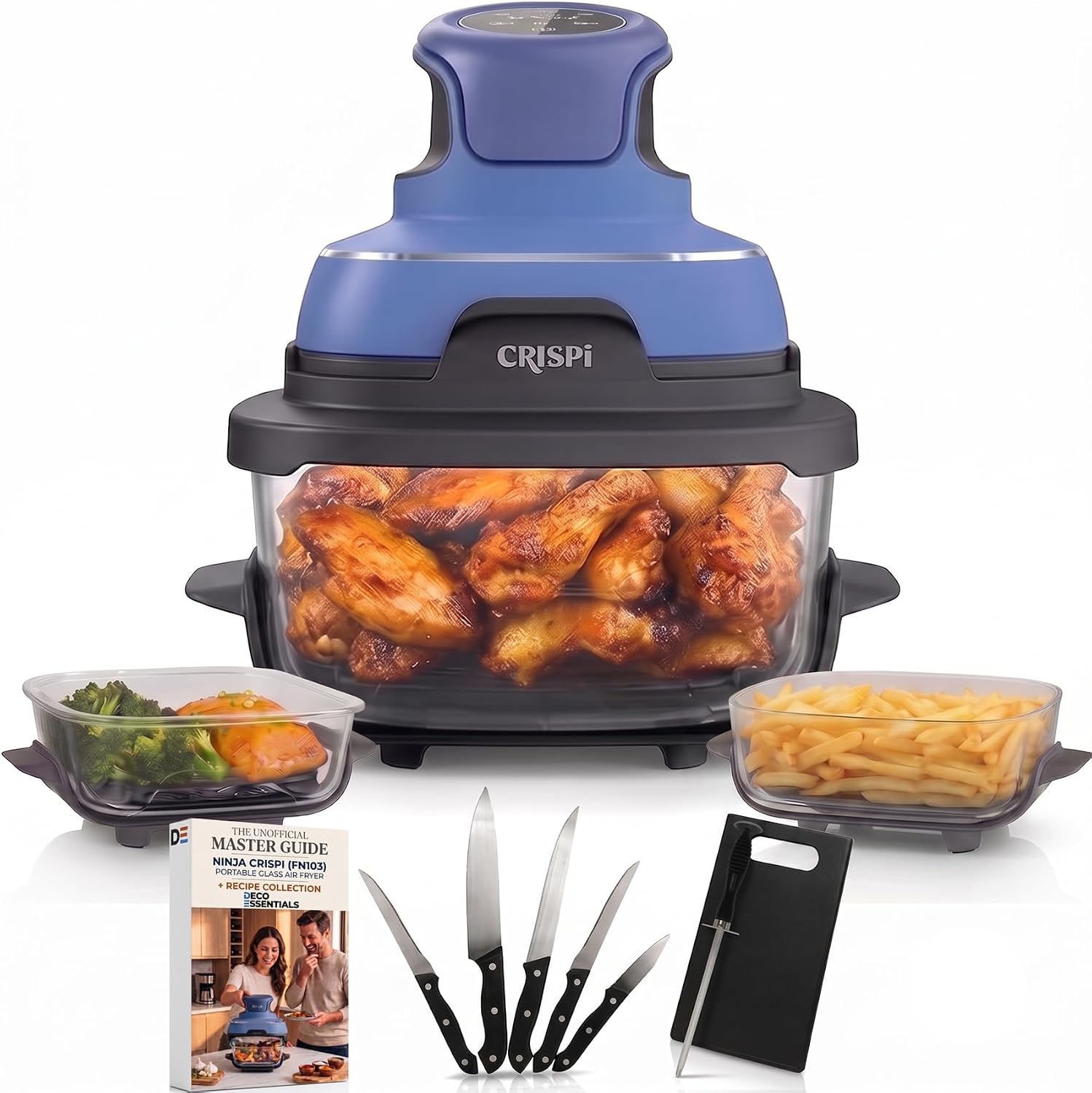 Ninja CRISPi 5-in-1 Portable Glass Air Fry Cooking System FN103CO (Renewed) Deco Essentials 5-Piece Knife Set with Cutting Board + Master Guide to Ninja CRISPi Air Fryer + Recipe Collection