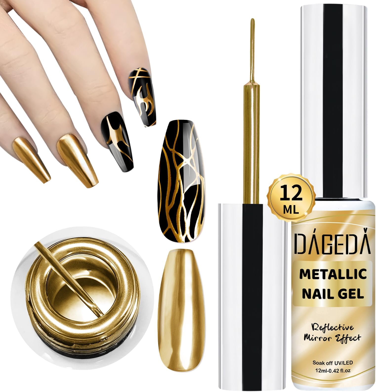 DAGEDA12ml Metallic Nail Painting Gold Gel Liner,Mirror Gel Polish Build in Thin Brush,High Gloss Nail Painted,Metal Drawing Liner Gel Soak Off UV/LED DIY Nail Art