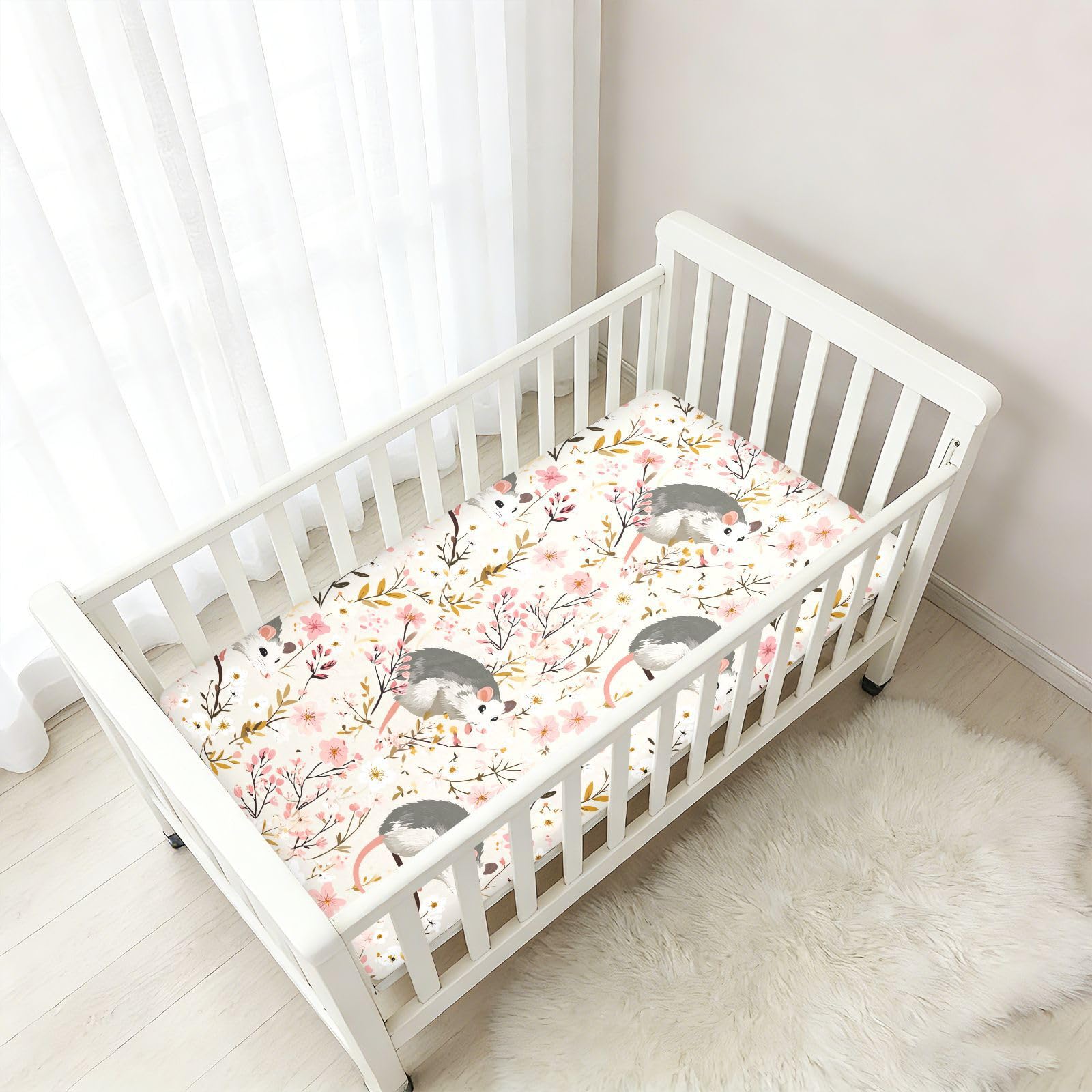 Carino Cartoon Garden Possum Primavera Lenzuola per Culla per Ragazzi Ragazze Cotone Baby Playard Foglio Morbido Bambini Culla Lenzuolo per Bambini Decorazione Della Nera, 1 Confezione forros para
