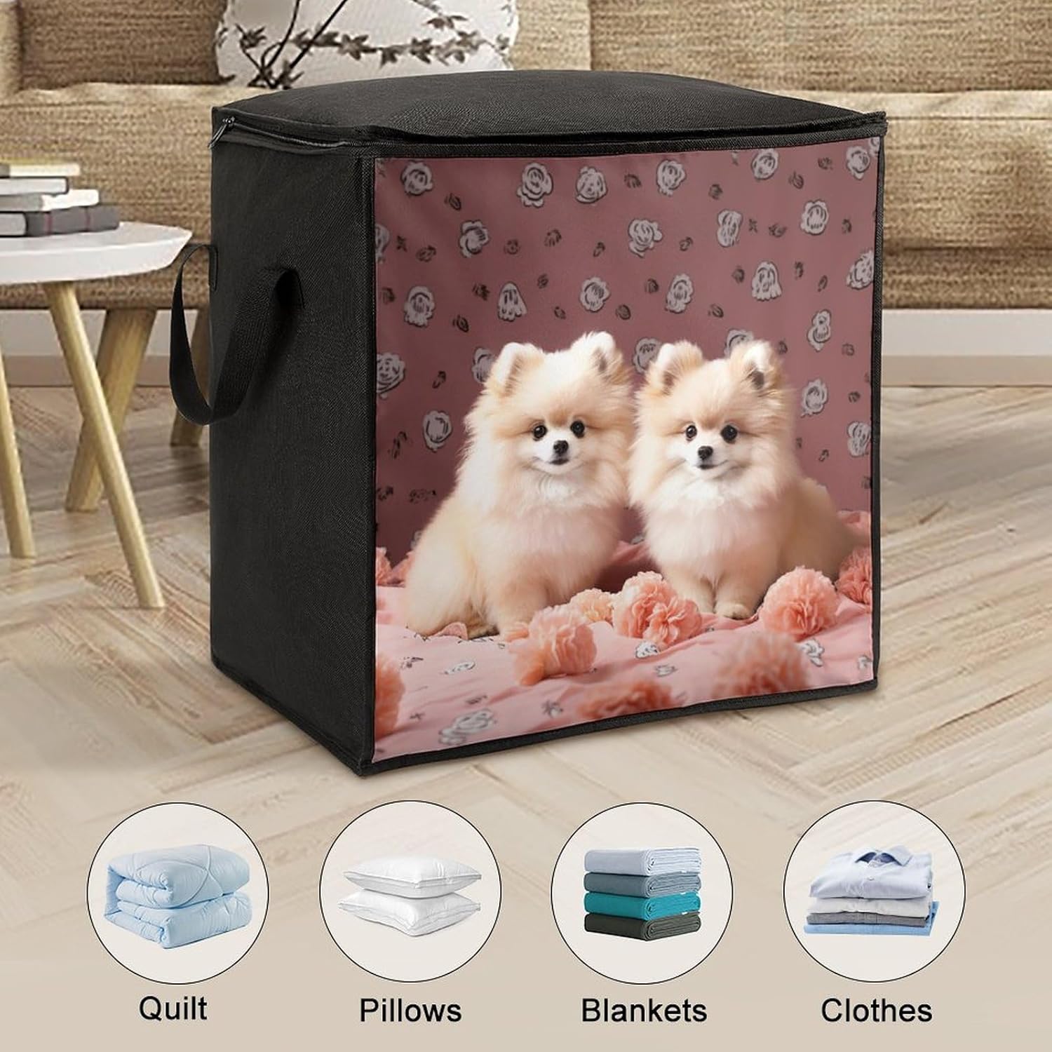 Quilt Storage Bag,Pomeranians Puppies And Point Printed Large Foldable Storage Container Portable Travel Storage Bag for Blankets, Quilts, Clothes, Comforter, Bedding And Pillows