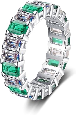 StarGems Emerald Cut White&Green 10.5ct Moissanite 925 Silver Platinum-Plated Ring RX052