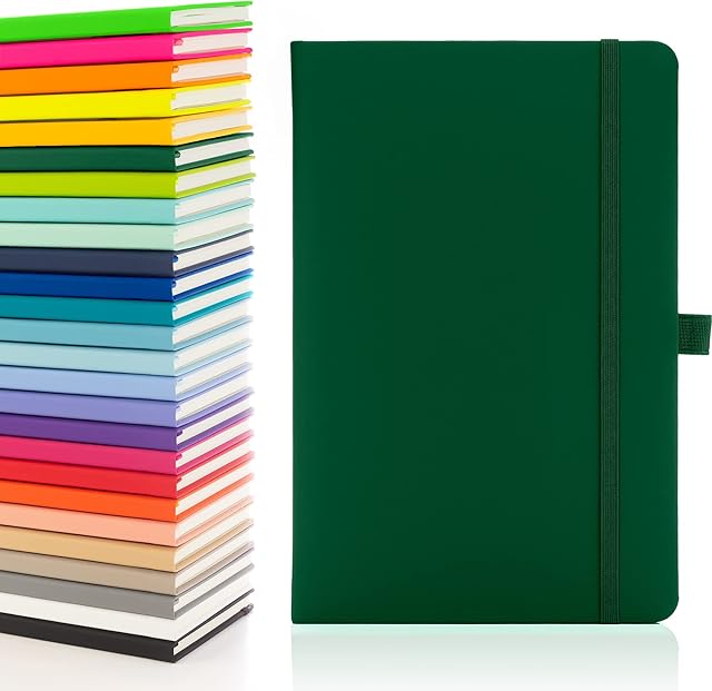 Notes London A5 Notebook with Lined Pages , Pen Loop and Expandable Paper Pocket Hardback Journal Notepad Note Book New Notes Diary Pad (Green)