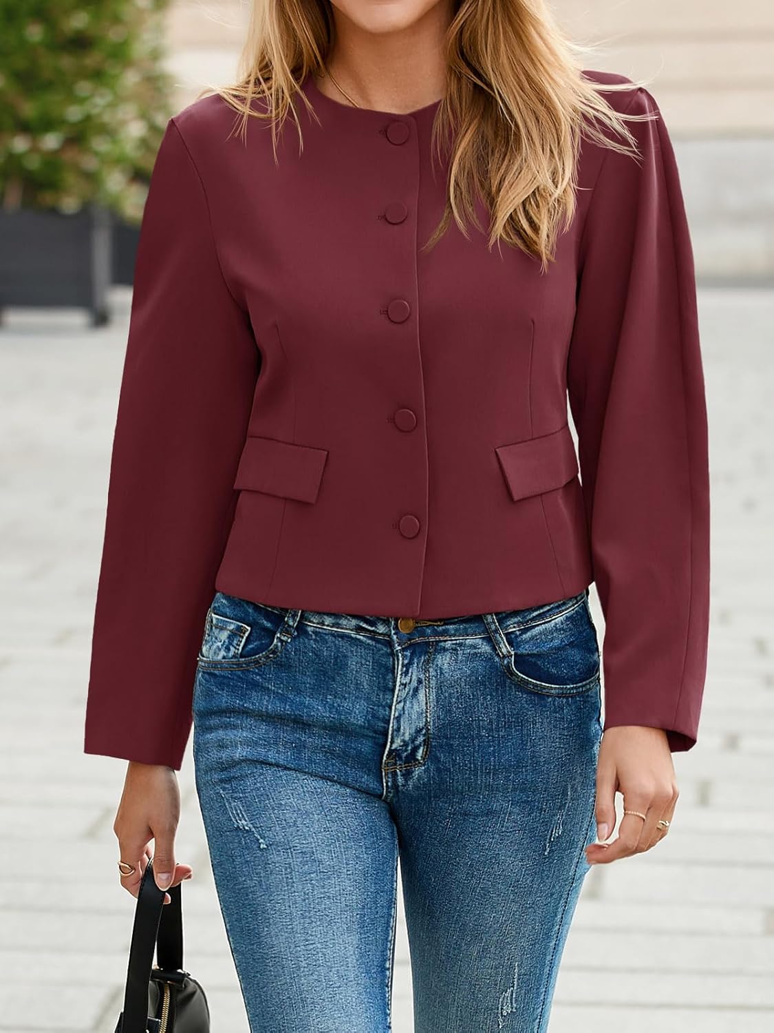 Cicy Bell Womens Balloon Long Sleeve Blazer Cropped Collarless Button Down Suit Jackets Business Casual Fall Outerwear - Image 2