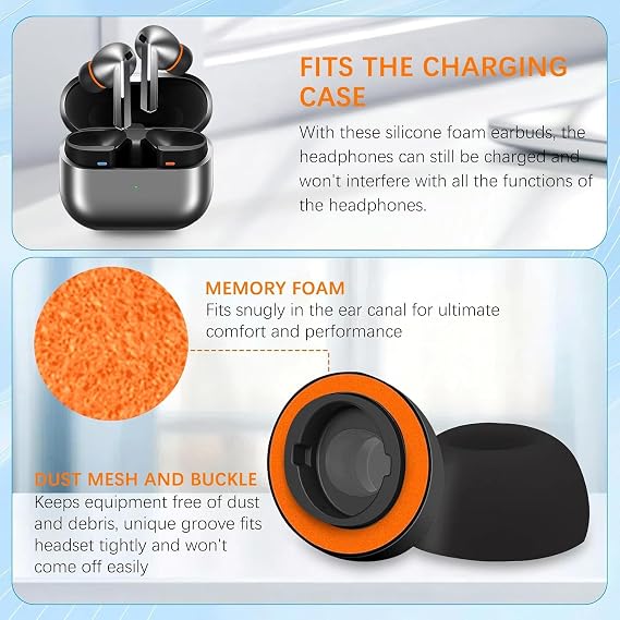 KASOTT 最高のメモリーフォーム&シリコンハイブリッドイヤーチップ Samsung Galaxy Buds3 Pro用、2層滑り止め、超快適、優れたノイズキャンセリング、充電ケースにフィット、3組ブラックオレンジ、S