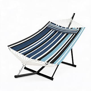 Freistehende Doppel-Hängematte mit Gestell & Kissen – 2 Personen – 450 lbs Belastbarkeit – Balance-Seil, 12 ft Set für Garten, Terrasse & Pool – Light-Dunkelblau Stripe