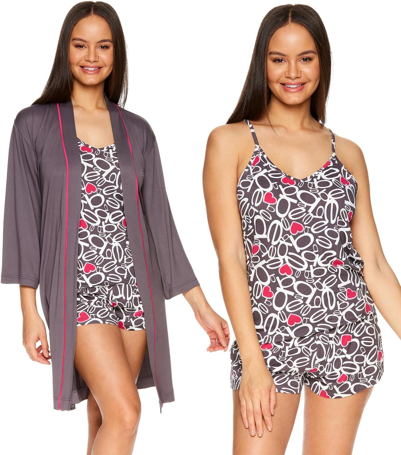 bebe Womens Pajamas 3-Piece Set, Tank Top, Pajama Shorts, and Short Robe Sleepwear Travel Set, Pajama Set Gifts for Women