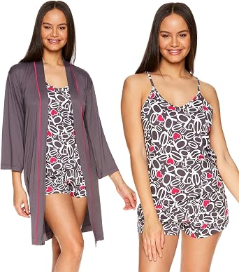 bebe Womens Pajamas 3-Piece Set, Tank Top, Pajama Shorts, and Short Robe Sleepwear Travel Set, Pajama Set Gifts for Women