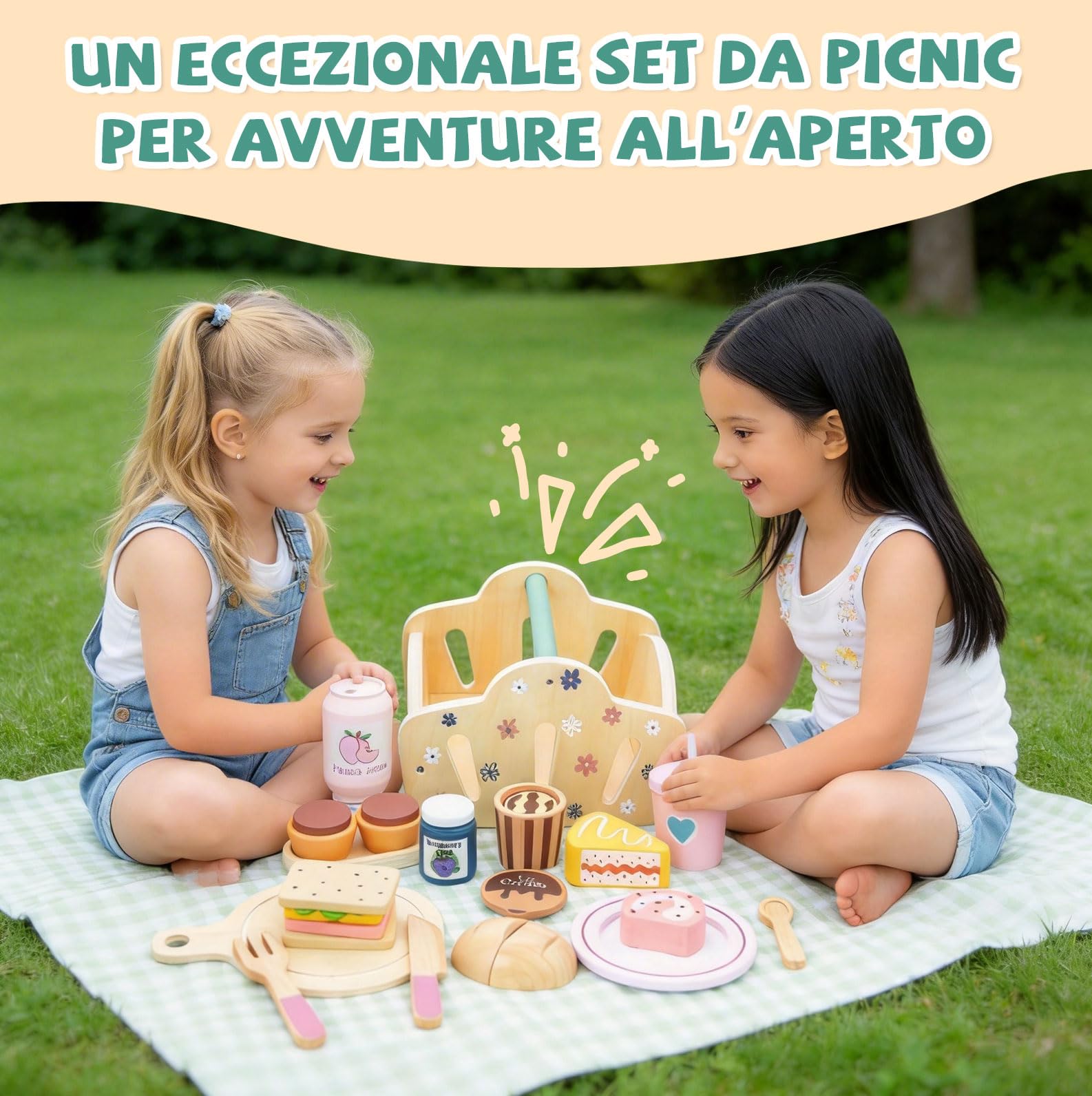 Set da picnic per bambini con servizio da tè per bambini, giocattolo da dessert – giocattolo in legno e da giardino per bambini e ragazze