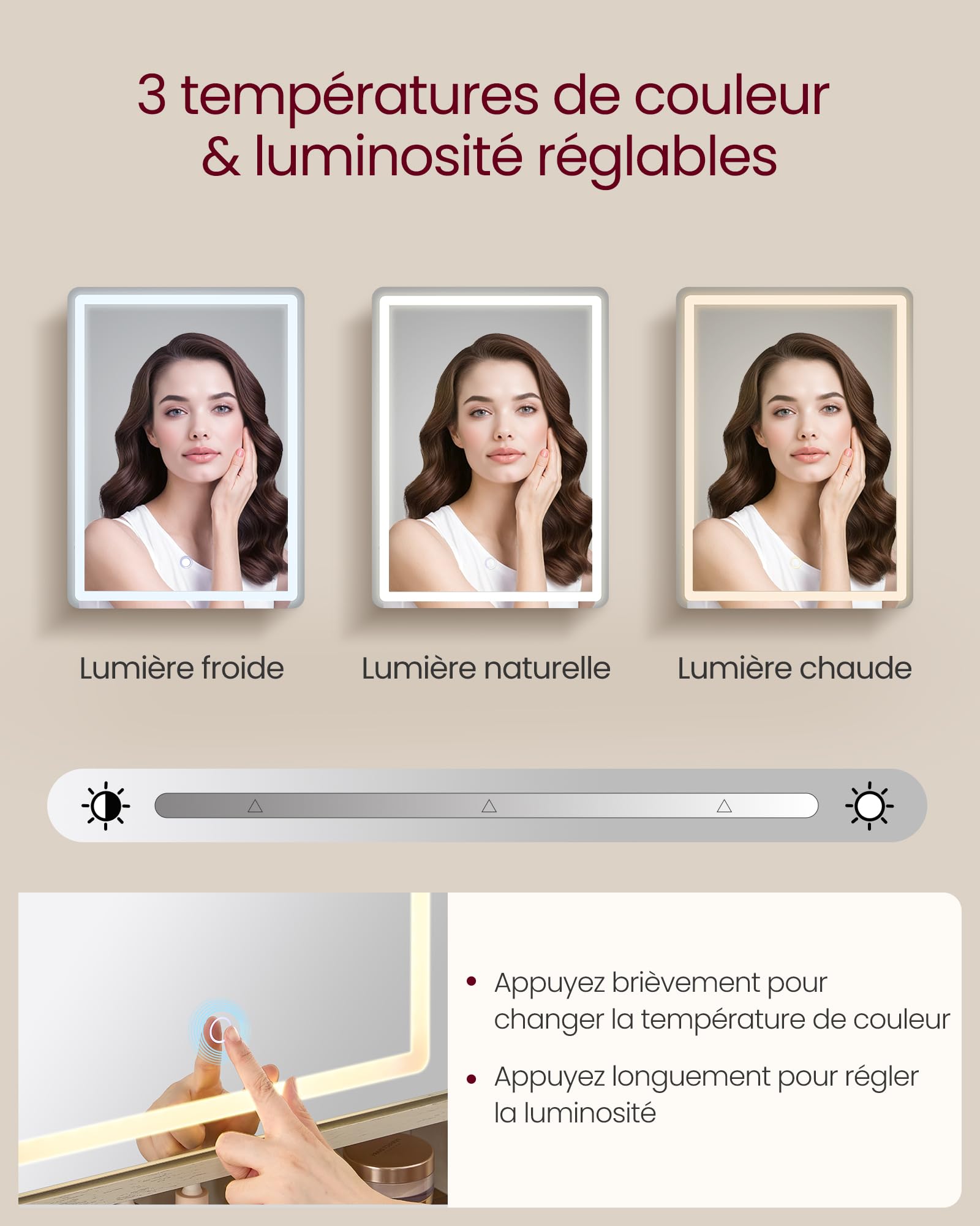 VASAGLE LIRY Collection – Coiffeuse avec Miroir et Éclairage, Style Ferme, avec Tabouret, Multiprise, 2 Tiroirs, Rangement pour Bijoux, Blanc Rustique et Marron Miel RDT136W01