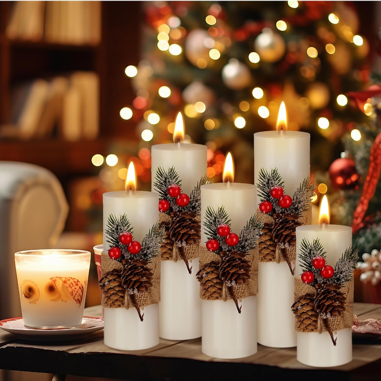 5 Pcs Christmas Pillar Candle 5 Size White Pillar Handmade Soy Wax Candles Holiday Decor Gift for Bedroom Bathroom Indoor Outdoor Home Dinner Party Decoration