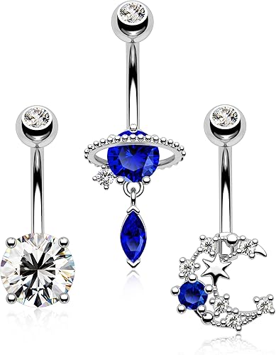 Melighting Piercing de ombligo de acero inoxidable 316L azul de 14G para mujer, circonita cúbica transparente, planeta, ombligo, luna, ombligo,