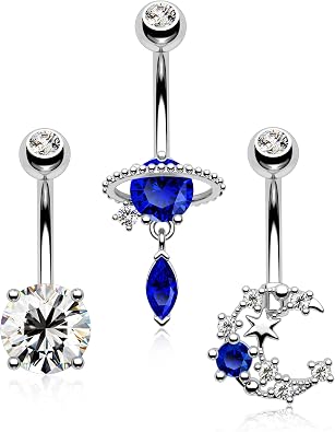 Melighting 14G Belly Button Rings Pack Stainless Steel 316L Blue Belly Rings for Women Clear CZ Planet Belly Piercing Moon Navel Barbell Body Piercing Jewelry Blue