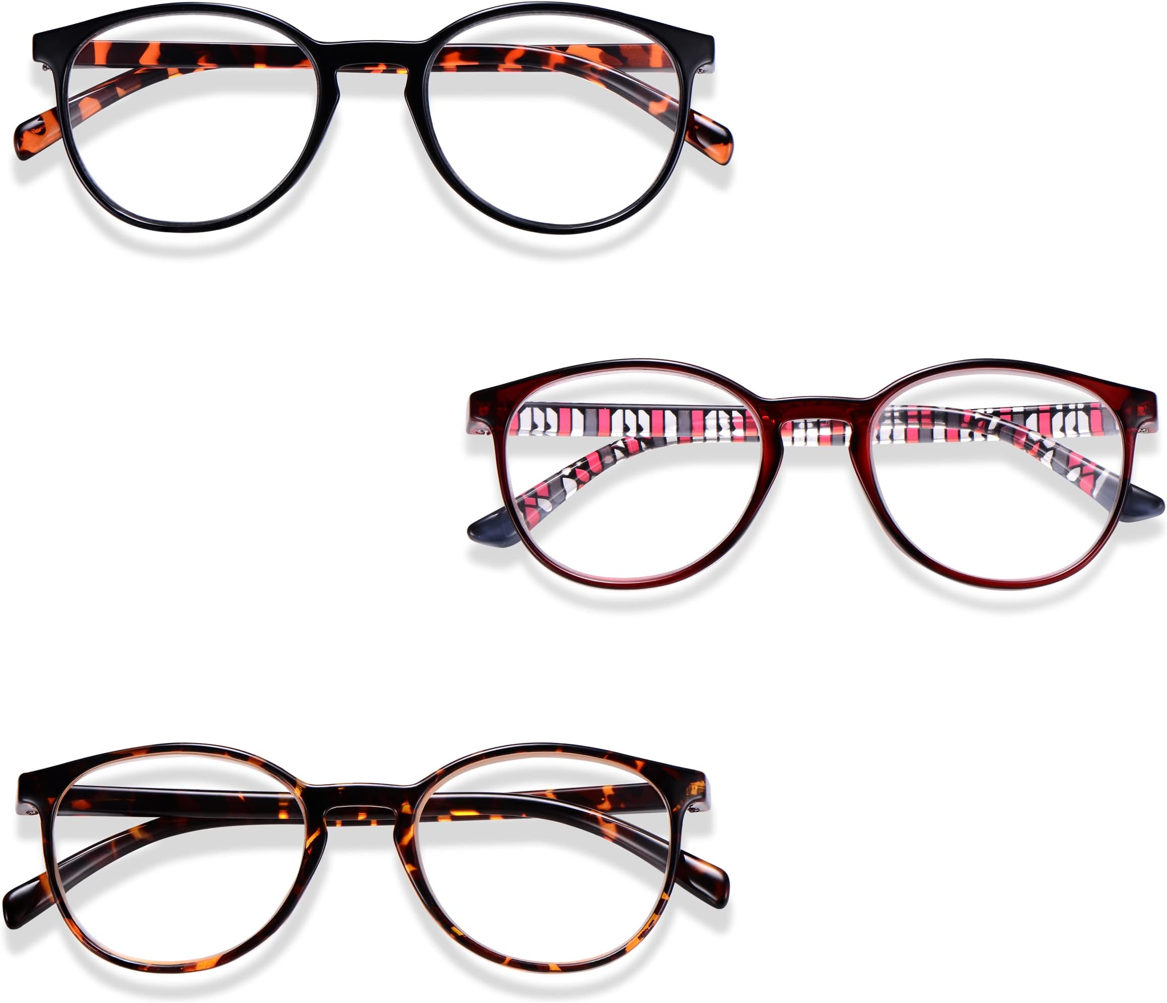 Round Reading Glasses for Men and Women in Blue, Red, Black or Brown, Single and 3 Packs Available, Lens Powers +1 to +3.5. Read Optics