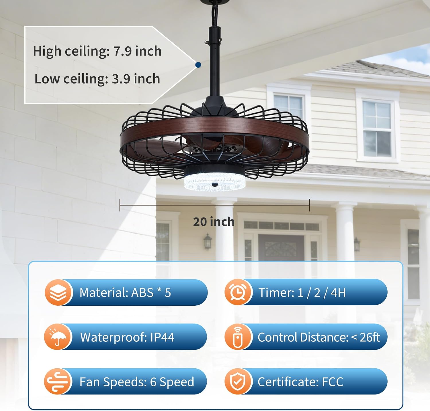 20" Outdoor Caged Ceiling Fan with Lights, Plug-in Hanging Fan with 3M Cord, Remote & APP Control, 3-Color Dimmable LED, IP44 Waterproof, No Wiring Needed for Gazebo Patio Porch Farmhouse