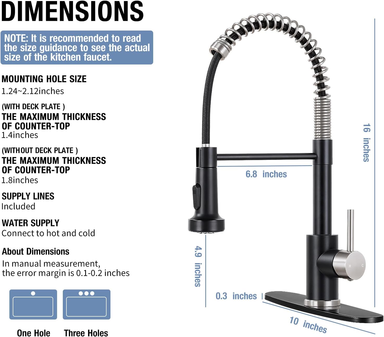 DJS Kitchen Faucets with Pull Down Sprayer Matte Black & Brushed Nickel High Arc Single Handle 1 or 3 Holes Spring Kitchen Sink Faucet with Deck Plate for Farmhouse RV Vessel Basin