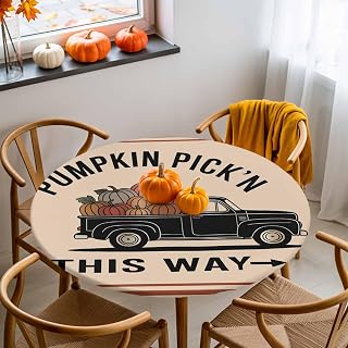 Round Fitted Tablecloth with Elastic Edge Pumpkin Pick'n This Way Words Table Cloth for 45"-54" Circle Tables,Waterproof Oil-Proof Table Cover for Outdoor Picnic Party Events,Pumpkins on Black Truck