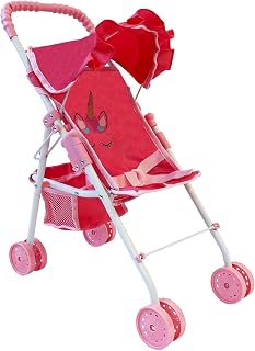 thenewyorkdollcollection My First Unicorn Doll Stroller for 3 Year Old Girls - Folding Toy Stroller Fits 18" Dolls, Canopy, Seatbelt, Storage Basket